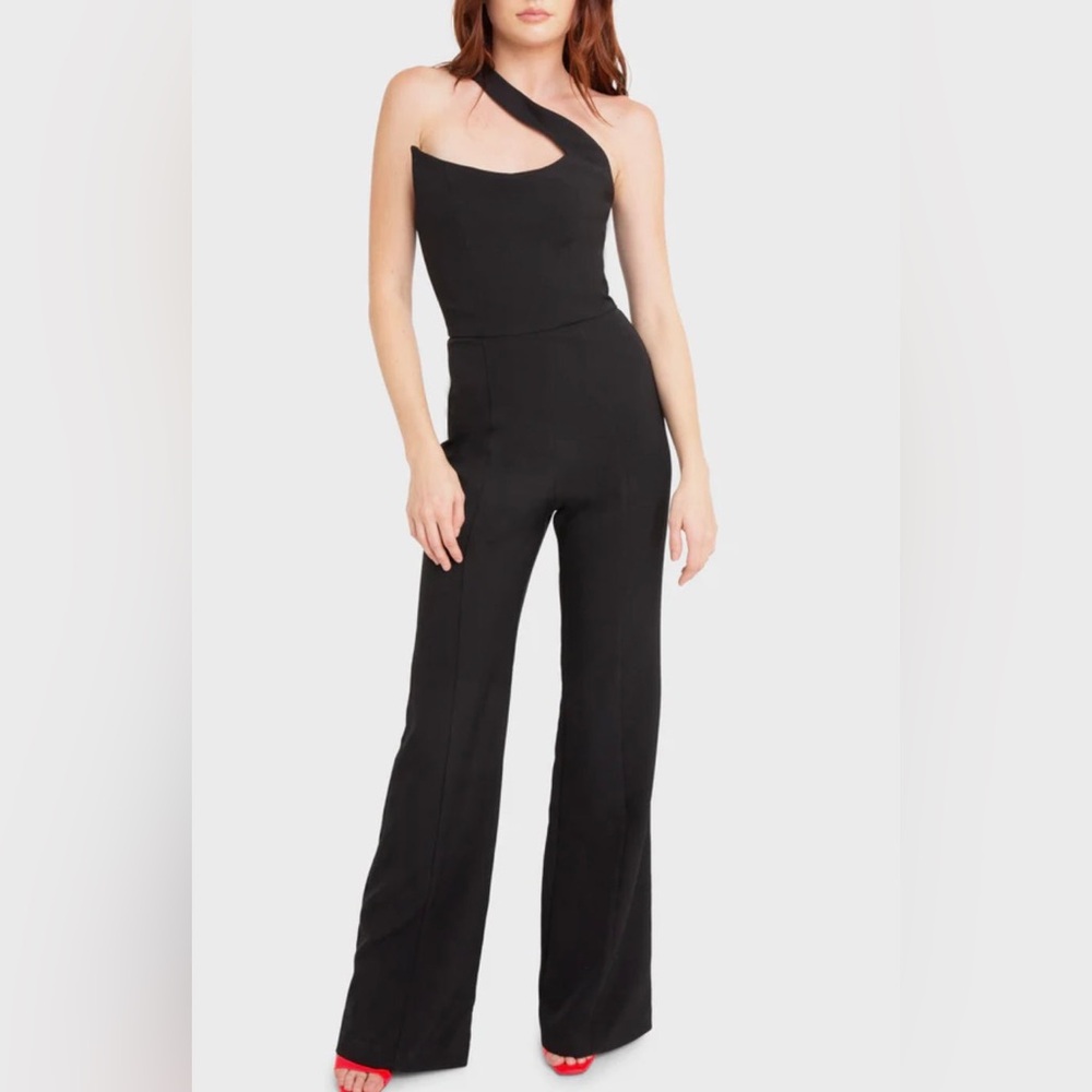 Black Halo Brew One‑Shoulder Jumpsuit Black Tailored Flare Size 8 NWT